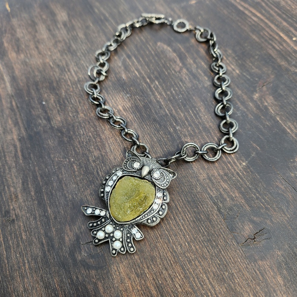 Vintage Semi Precious Uncut Citrine Semi Stone‎ Pearl Gemstone Goth Owl Necklace